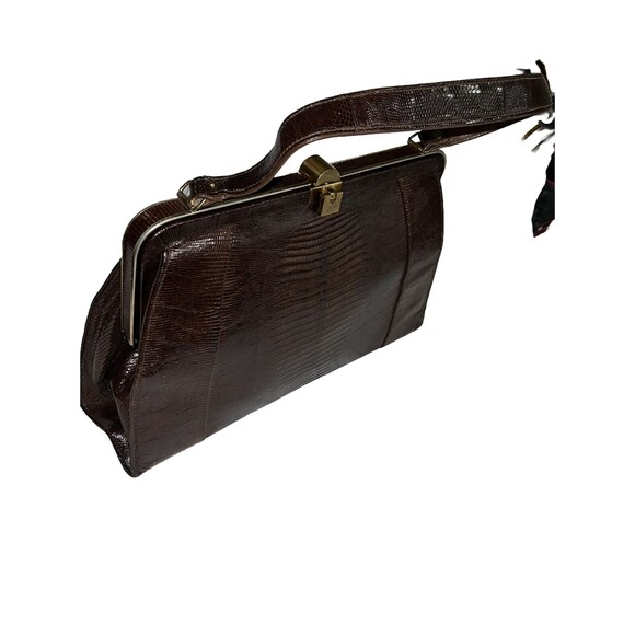 Vintage 50's Tegu Lizard Skin Kelly Hand Bag Mahogany Brushed Metal Clasp 14x9x4 - Picture 5 of 16